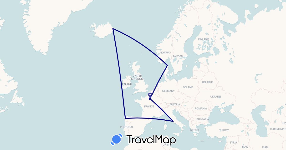 TravelMap itinerary: driving in Denmark, Spain, France, Iceland, Italy (Europe)